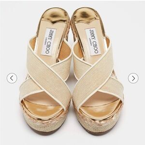 Jimmy Choo Gold and Cream Espadrille Wedges with box and dust bag